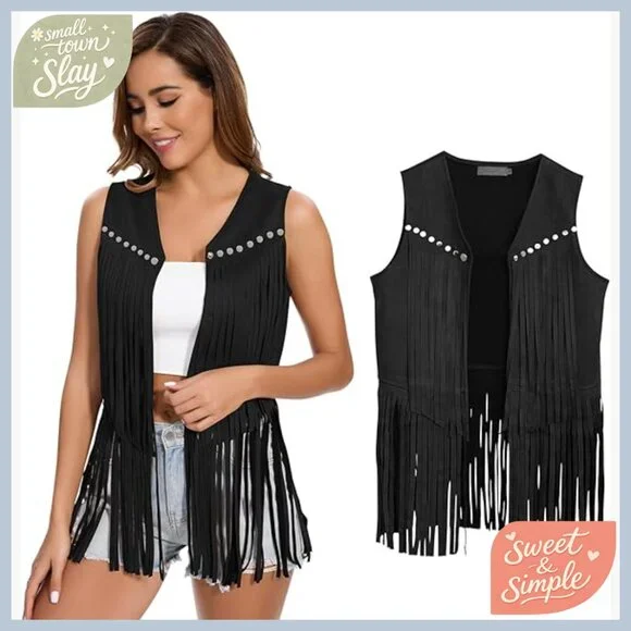 Large Faux Suede Fringe Vest 60s 70s Hippie Western Tassel Sleeveless - Picture 1 of 6